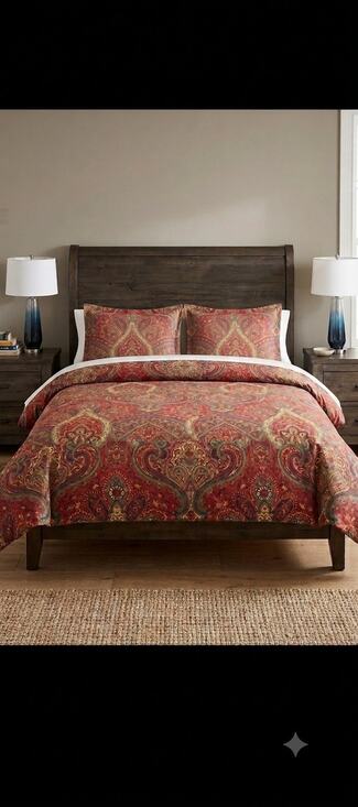 Pottery Barn Other - Pottery Barn Red Paisley Floral Cotton King Duvet Cover Pillow Shams